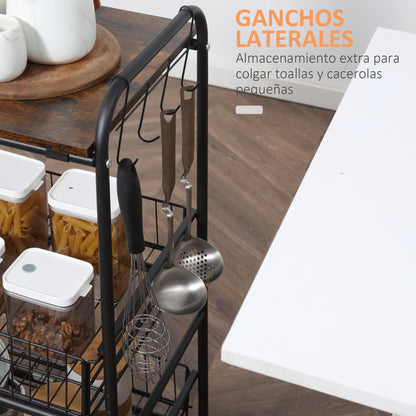 3-Tier Wheeled Utility Cart Vegetable Trolley with 2 Baskets and 4 Hooks for Dining Room Living Room 60x38x85.5 cm Rustic Brown