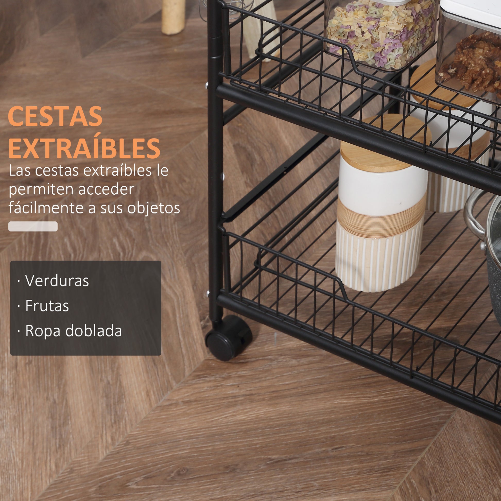 3-Tier Wheeled Utility Cart Vegetable Trolley with 2 Baskets and 4 Hooks for Dining Room Living Room 60x38x85.5 cm Rustic Brown