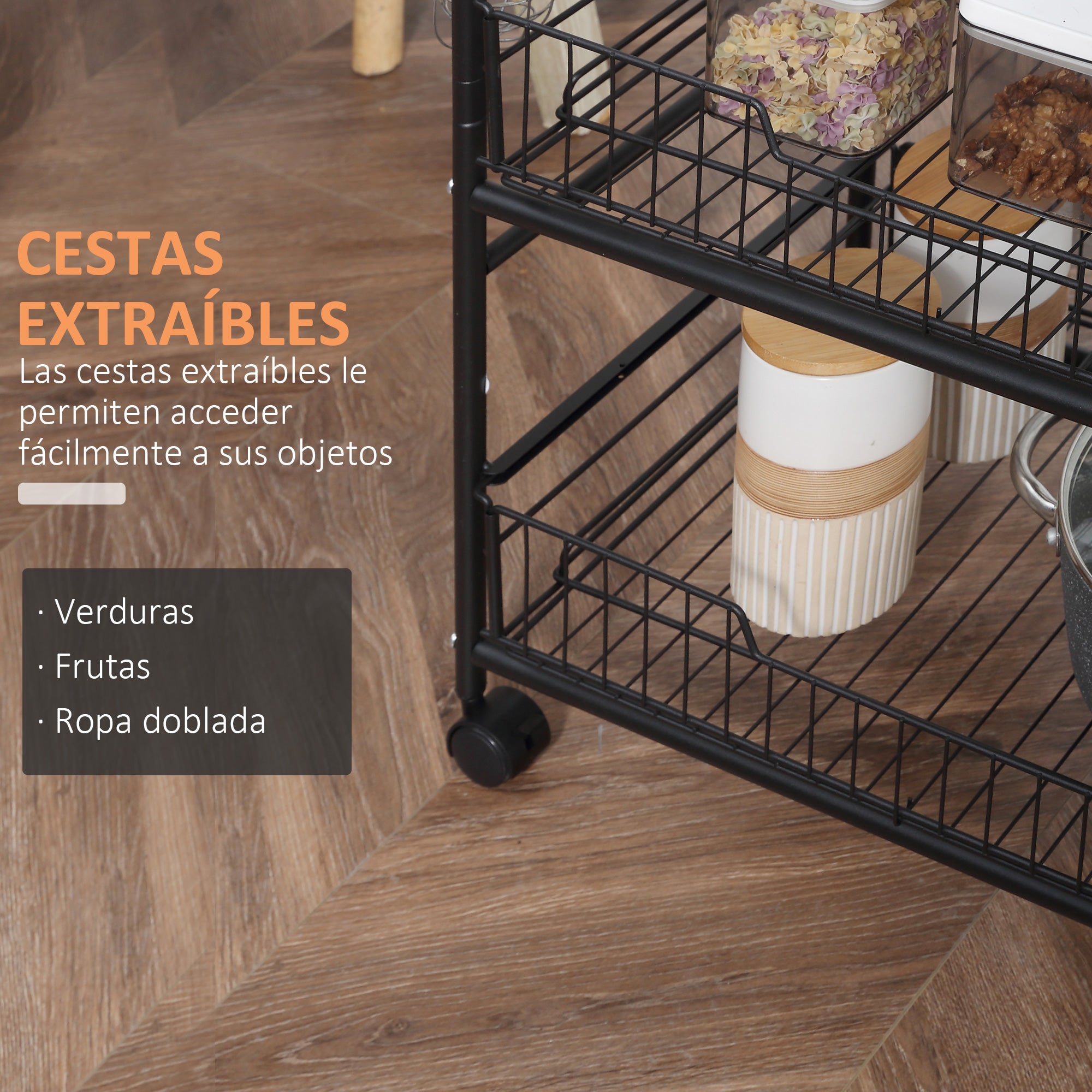 3-Tier Wheeled Utility Cart Vegetable Trolley with 2 Baskets and 4 Hooks for Dining Room Living Room 60x38x85.5 cm Rustic Brown