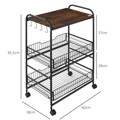 3-Tier Wheeled Utility Cart Vegetable Trolley with 2 Baskets and 4 Hooks for Dining Room Living Room 60x38x85.5 cm Rustic Brown