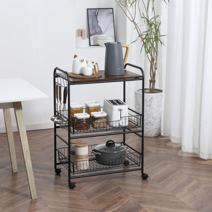 3-Tier Wheeled Utility Cart Vegetable Trolley with 2 Baskets and 4 Hooks for Dining Room Living Room 60x38x85.5 cm Rustic Brown