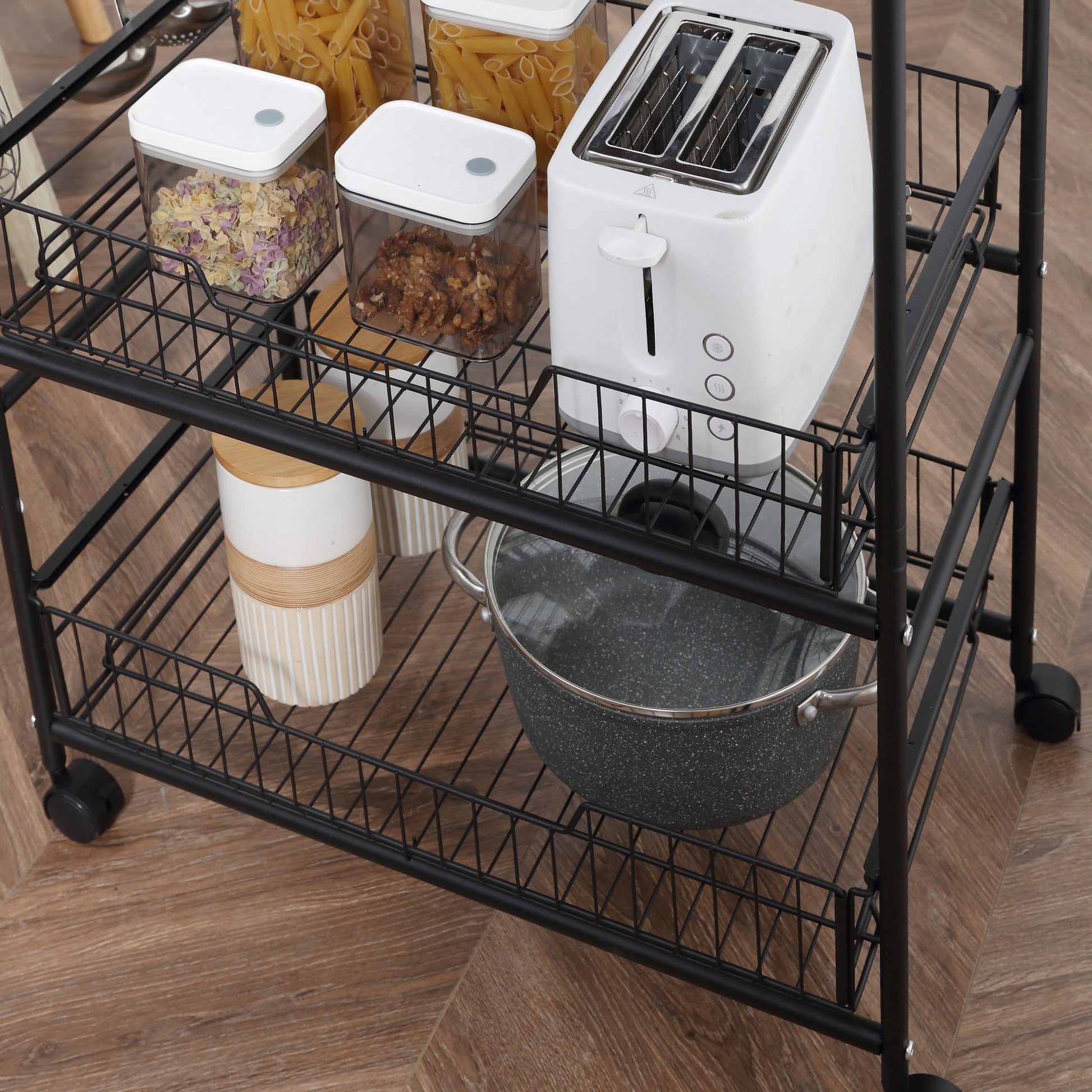 3-Tier Wheeled Utility Cart Vegetable Trolley with 2 Baskets and 4 Hooks for Dining Room Living Room 60x38x85.5 cm Rustic Brown