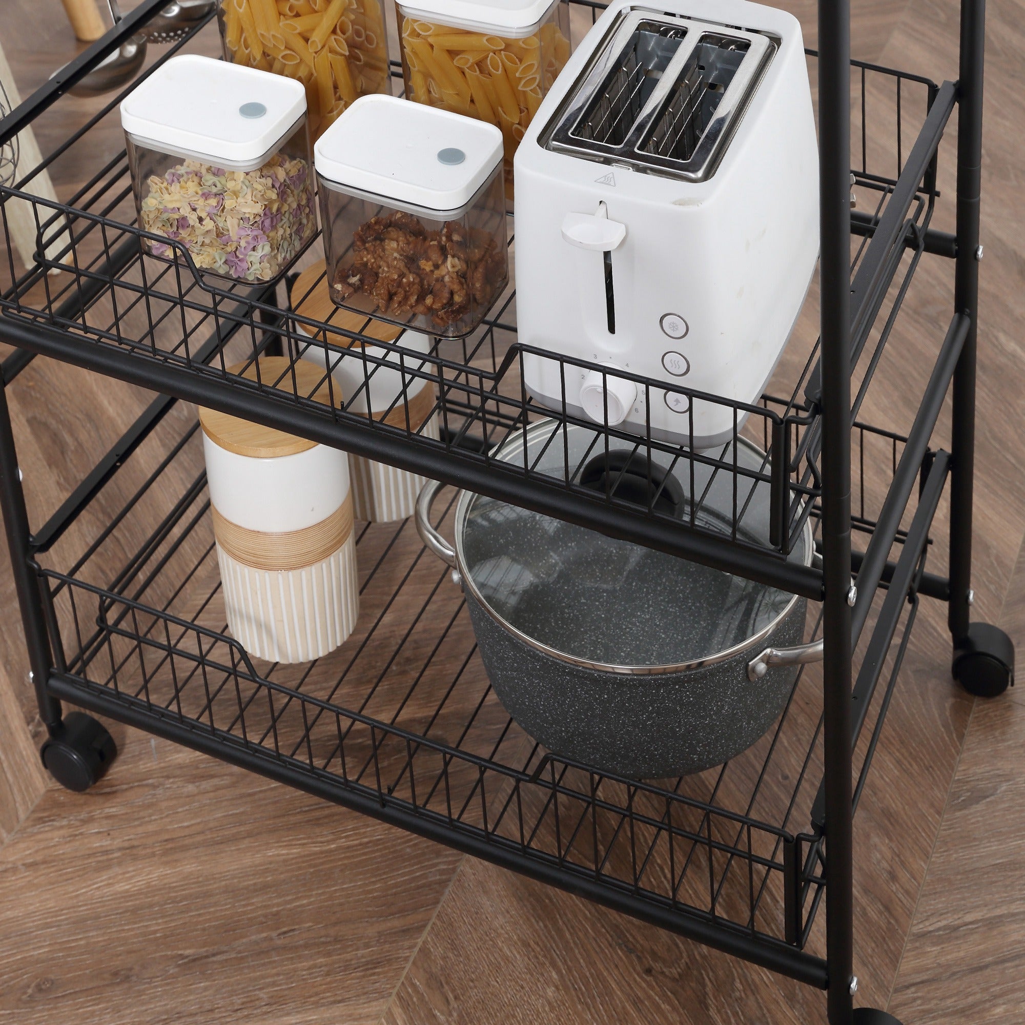 3-Tier Wheeled Utility Cart Vegetable Trolley with 2 Baskets and 4 Hooks for Dining Room Living Room 60x38x85.5 cm Rustic Brown