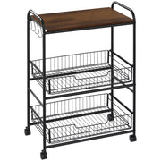 3-Tier Wheeled Utility Cart Vegetable Trolley with 2 Baskets and 4 Hooks for Dining Room Living Room 60x38x85.5 cm Rustic Brown