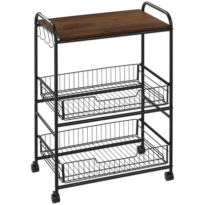 3-Tier Wheeled Utility Cart Vegetable Trolley with 2 Baskets and 4 Hooks for Dining Room Living Room 60x38x85.5 cm Rustic Brown