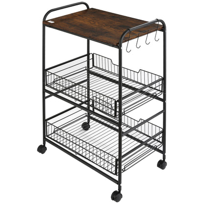 3-Tier Wheeled Utility Cart Vegetable Trolley with 2 Baskets and 4 Hooks for Dining Room Living Room 60x38x85.5 cm Rustic Brown