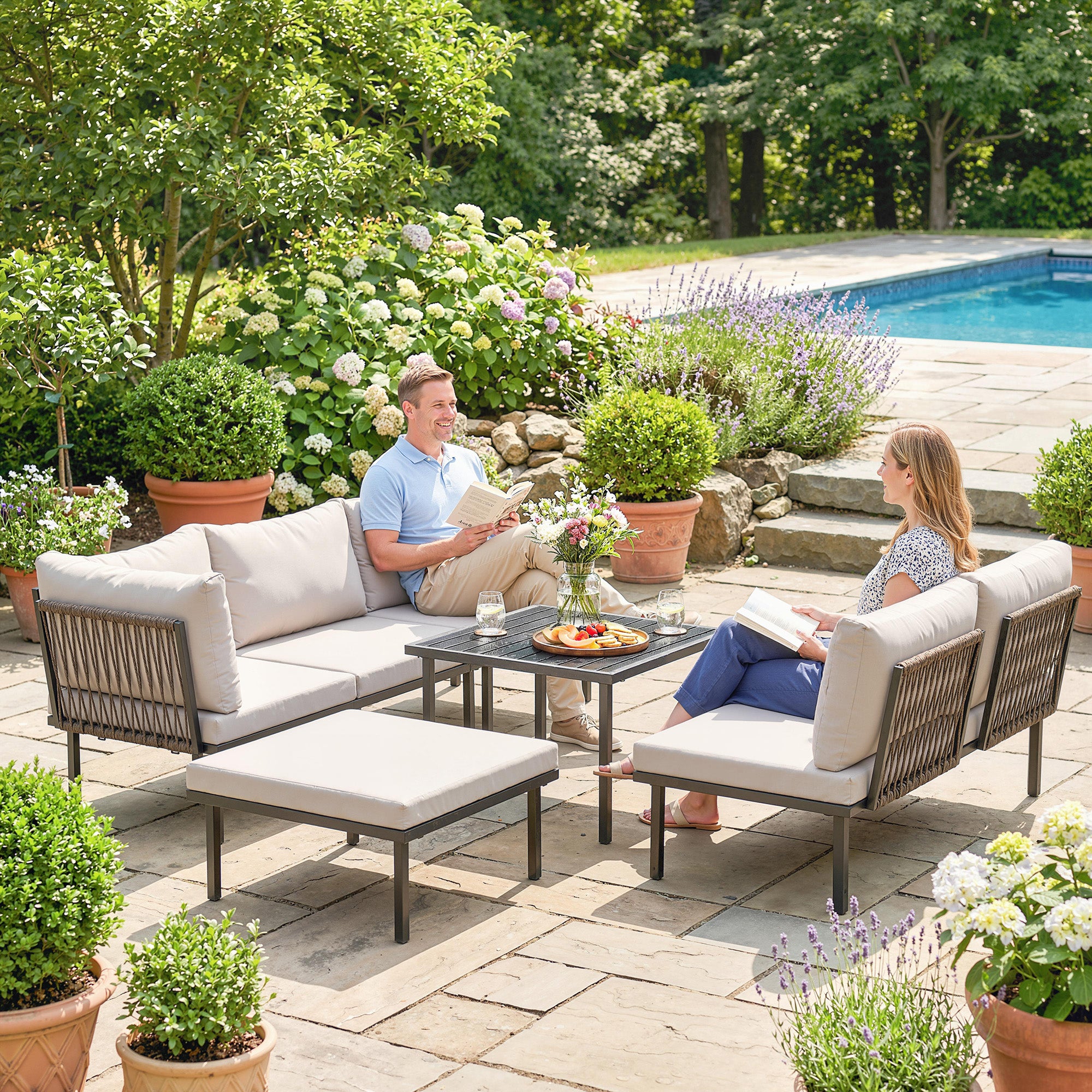 6-Piece Outdoor Lounge Set for 5–6 People — 2-Seat Sofa, Corner Chair, 2 Armless Chairs, Ottoman & Slatted Metal Coffee Table — Thick Cushions, Light Gray