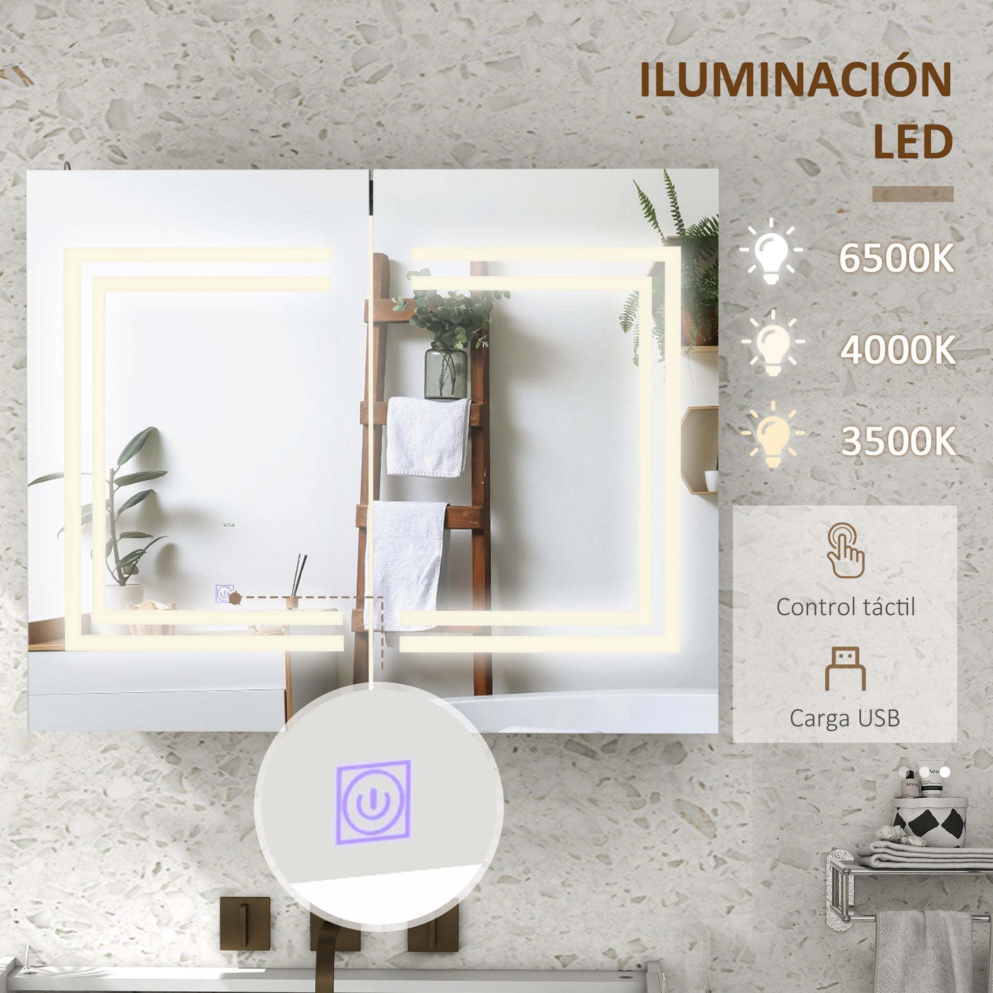 Bathroom Cabinet with Mirror and LED Light Hanging Bathroom Furniture with 2 Doors Adjustable Shelves Touch Switch and Adjustable Light Color 80x15x65 cm Bright White