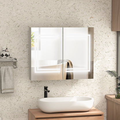 Bathroom Cabinet with Mirror and LED Light Hanging Bathroom Furniture with 2 Doors Adjustable Shelves Touch Switch and Adjustable Light Color 80x15x65 cm Bright White
