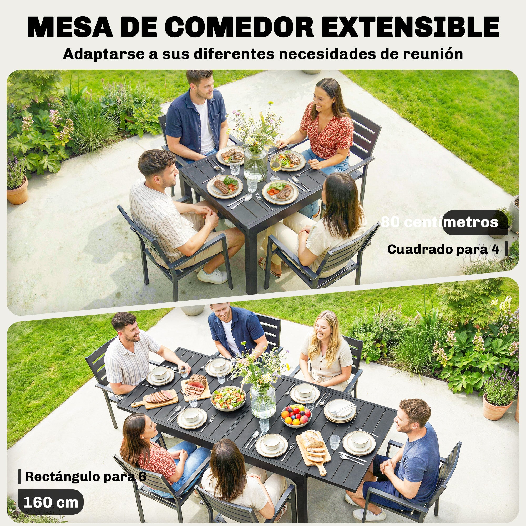 Extendable Garden Dining Table, 31.5–63 in (80–160 cm) Adjustable Outdoor Table, Aluminum Slatted Top, 154 lb Capacity, Rectangular for 4–6 People, Patio/Terrace, Black