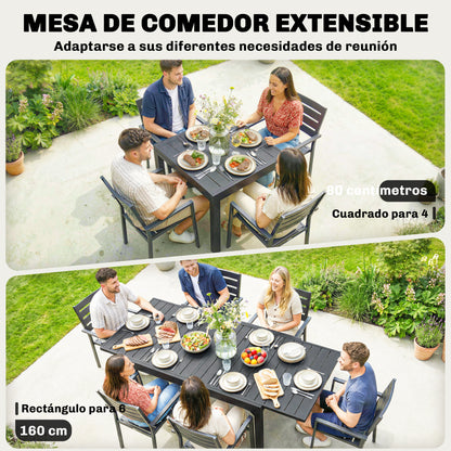 Extendable Garden Dining Table, 31.5–63 in (80–160 cm) Adjustable Outdoor Table, Aluminum Slatted Top, 154 lb Capacity, Rectangular for 4–6 People, Patio/Terrace, Black