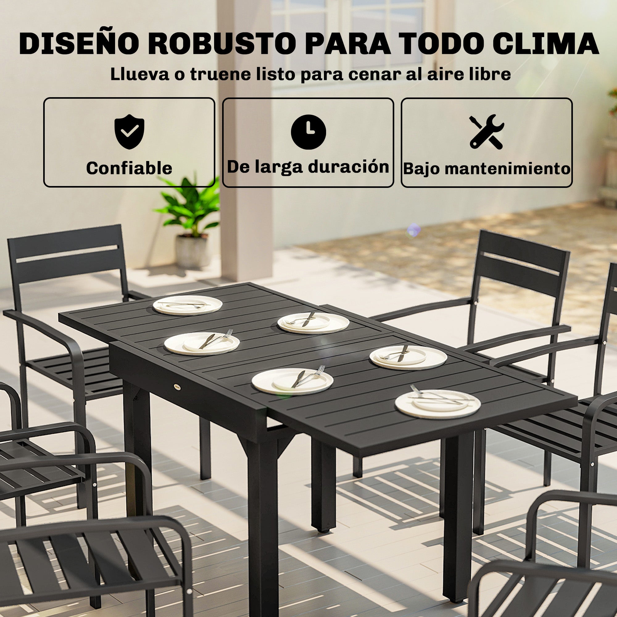 Extendable Garden Dining Table, 31.5–63 in (80–160 cm) Adjustable Outdoor Table, Aluminum Slatted Top, 154 lb Capacity, Rectangular for 4–6 People, Patio/Terrace, Black
