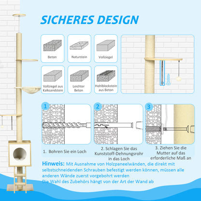 Cat Tree, Floor-to-Ceiling Cat Scratcher, 240-260 cm, Climbing Tree with Cat House, Jute Rope Posts, Hammock, Cat Ladder, Play Ball, Cat Furniture, Tipping Prevention, Light Brown+Beige