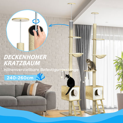 Cat Tree, Floor-to-Ceiling Cat Scratcher, 240-260 cm, Climbing Tree with Cat House, Jute Rope Posts, Hammock, Cat Ladder, Play Ball, Cat Furniture, Tipping Prevention, Light Brown+Beige
