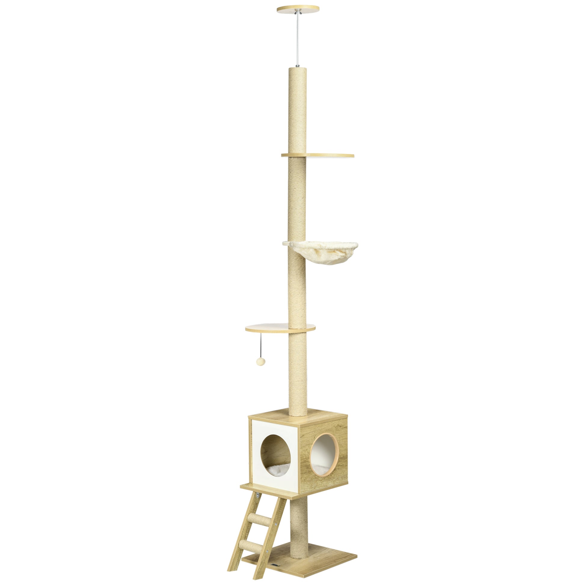 Cat Tree, Floor-to-Ceiling Cat Scratcher, 240-260 cm, Climbing Tree with Cat House, Jute Rope Posts, Hammock, Cat Ladder, Play Ball, Cat Furniture, Tipping Prevention, Light Brown+Beige