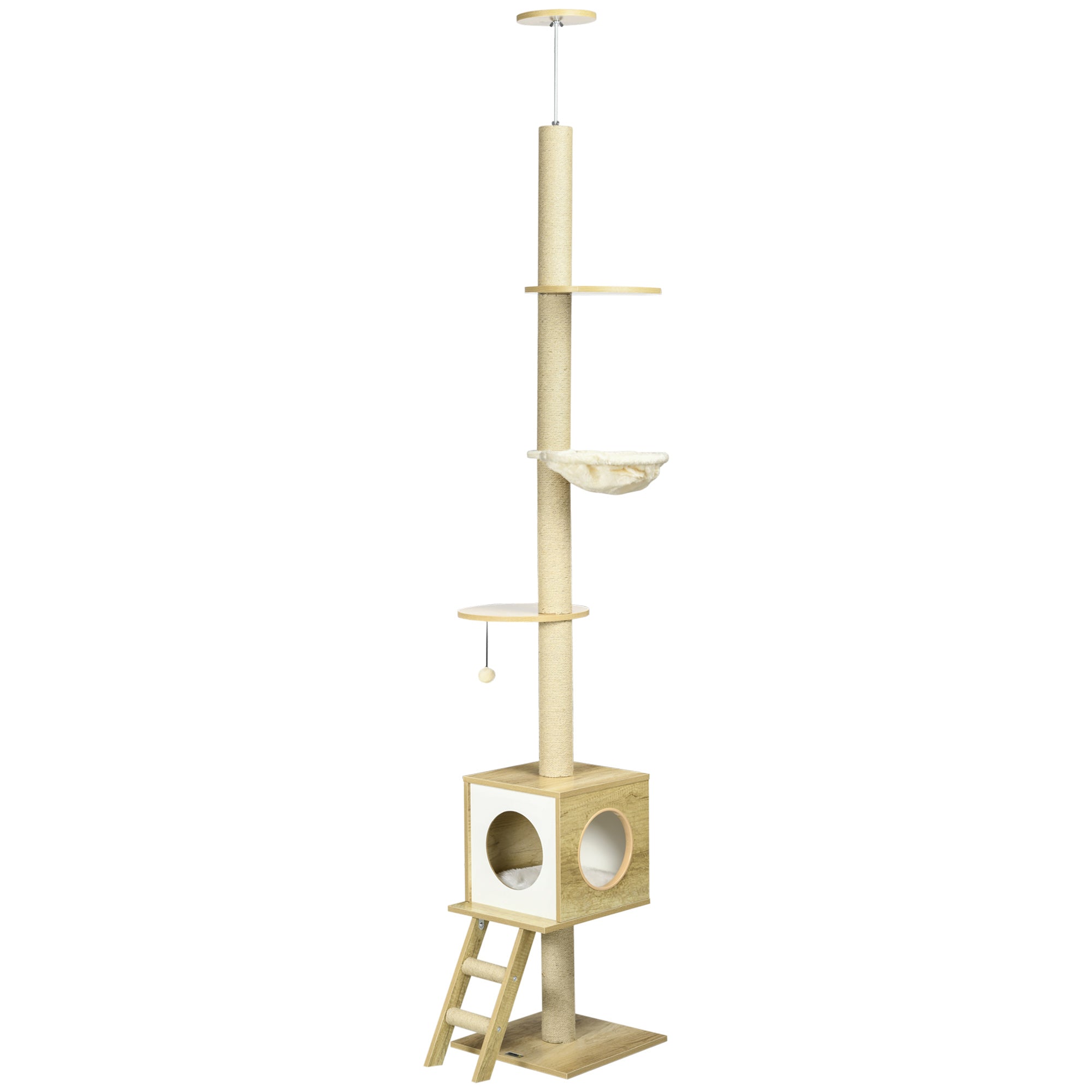 Cat Tree, Floor-to-Ceiling Cat Scratcher, 240-260 cm, Climbing Tree with Cat House, Jute Rope Posts, Hammock, Cat Ladder, Play Ball, Cat Furniture, Tipping Prevention, Light Brown+Beige