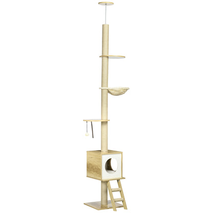 Cat Tree, Floor-to-Ceiling Cat Scratcher, 240-260 cm, Climbing Tree with Cat House, Jute Rope Posts, Hammock, Cat Ladder, Play Ball, Cat Furniture, Tipping Prevention, Light Brown+Beige