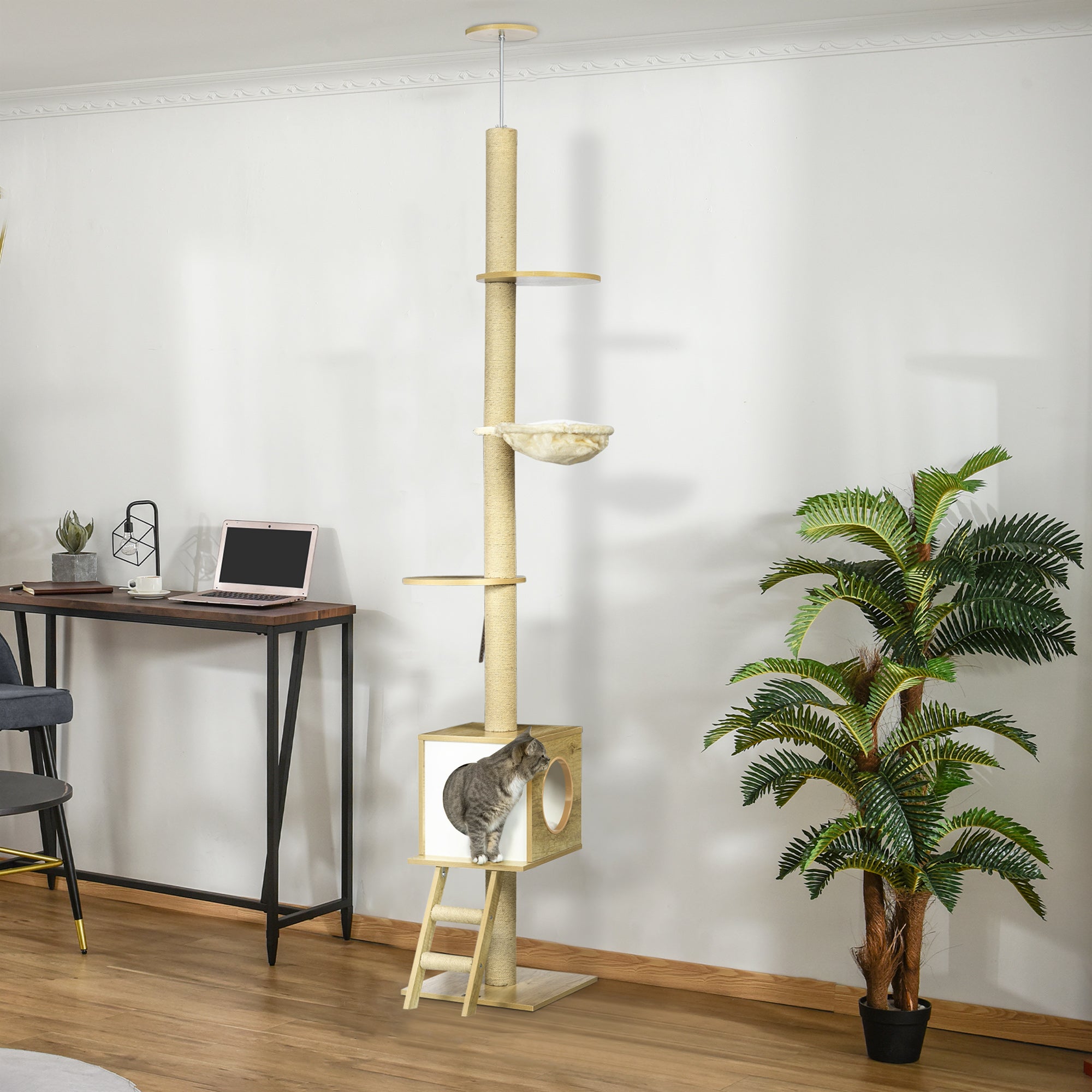 Cat Tree, Floor-to-Ceiling Cat Scratcher, 240-260 cm, Climbing Tree with Cat House, Jute Rope Posts, Hammock, Cat Ladder, Play Ball, Cat Furniture, Tipping Prevention, Light Brown+Beige