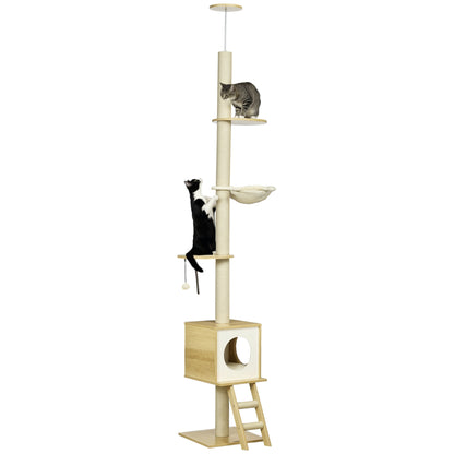 Cat Tree, Floor-to-Ceiling Cat Scratcher, 240-260 cm, Climbing Tree with Cat House, Jute Rope Posts, Hammock, Cat Ladder, Play Ball, Cat Furniture, Tipping Prevention, Light Brown+Beige