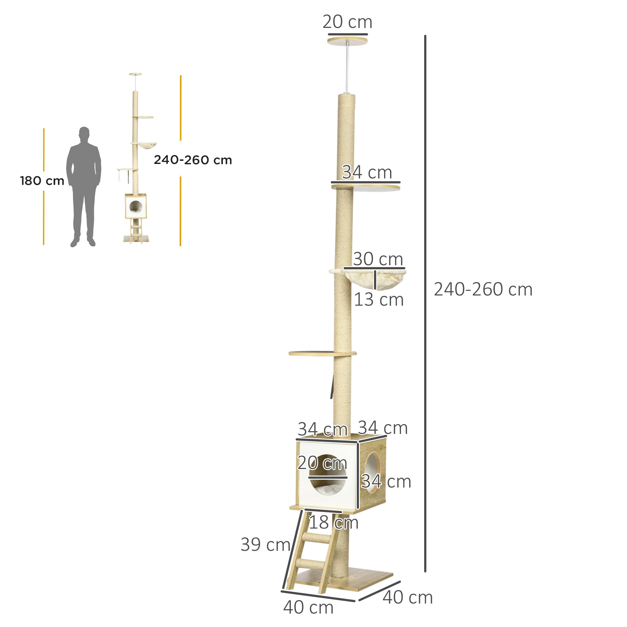 Cat Tree, Floor-to-Ceiling Cat Scratcher, 240-260 cm, Climbing Tree with Cat House, Jute Rope Posts, Hammock, Cat Ladder, Play Ball, Cat Furniture, Tipping Prevention, Light Brown+Beige