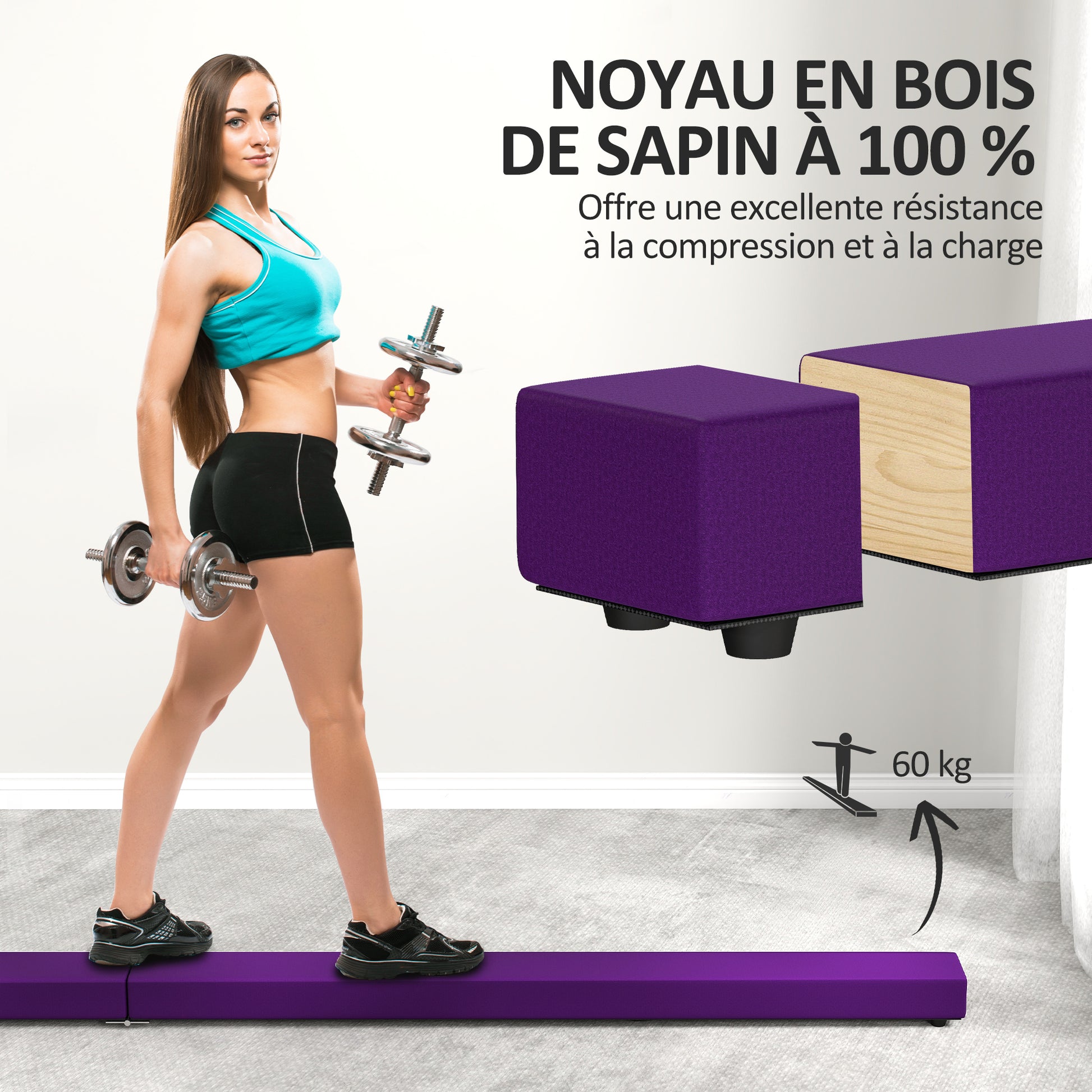 SPORTNOW Foldable 240 cm Velvet Gymnastics Beam, Balance Beam with Non-Slip Base, Gymnastics Training Equipment for Kids and Adults, Purple