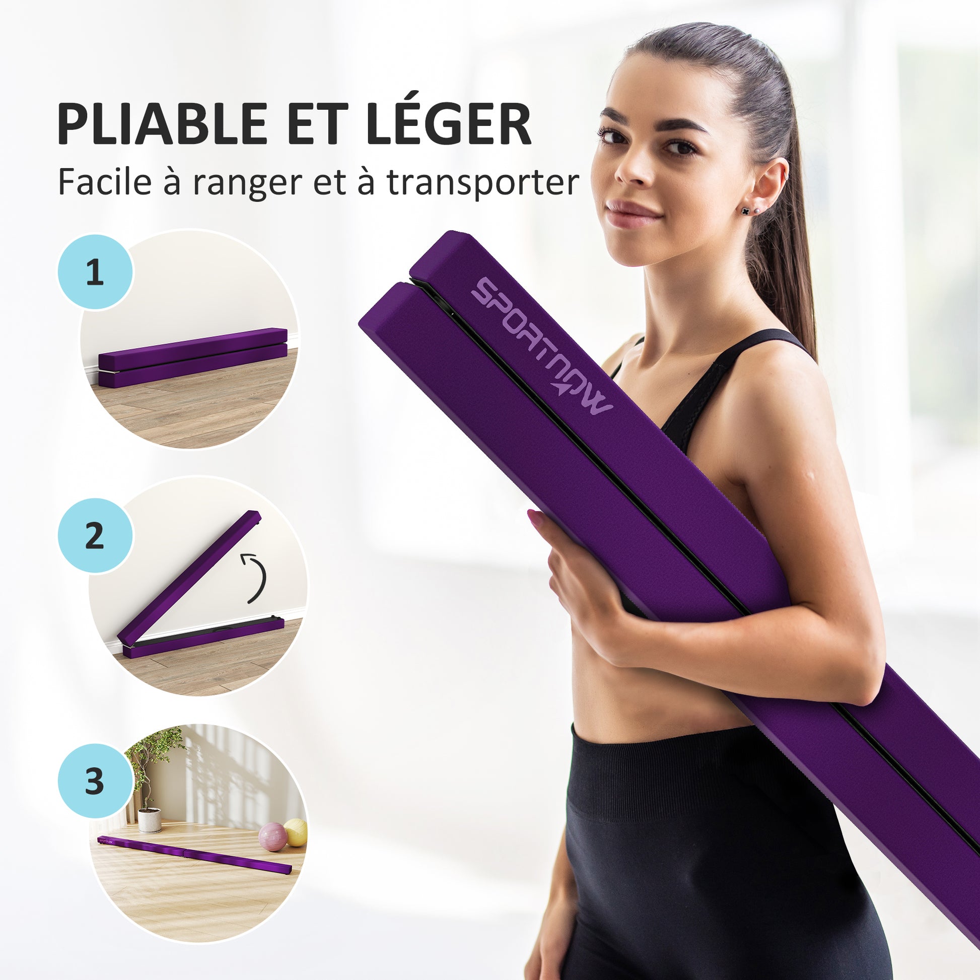 SPORTNOW Foldable 240 cm Velvet Gymnastics Beam, Balance Beam with Non-Slip Base, Gymnastics Training Equipment for Kids and Adults, Purple