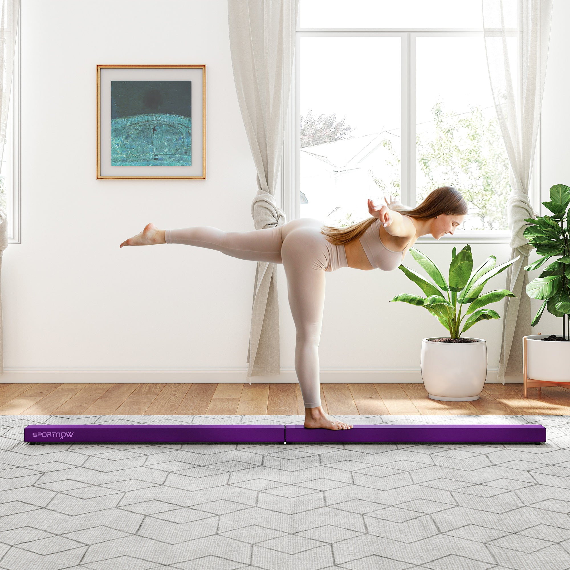 SPORTNOW Foldable 240 cm Velvet Gymnastics Beam, Balance Beam with Non-Slip Base, Gymnastics Training Equipment for Kids and Adults, Purple
