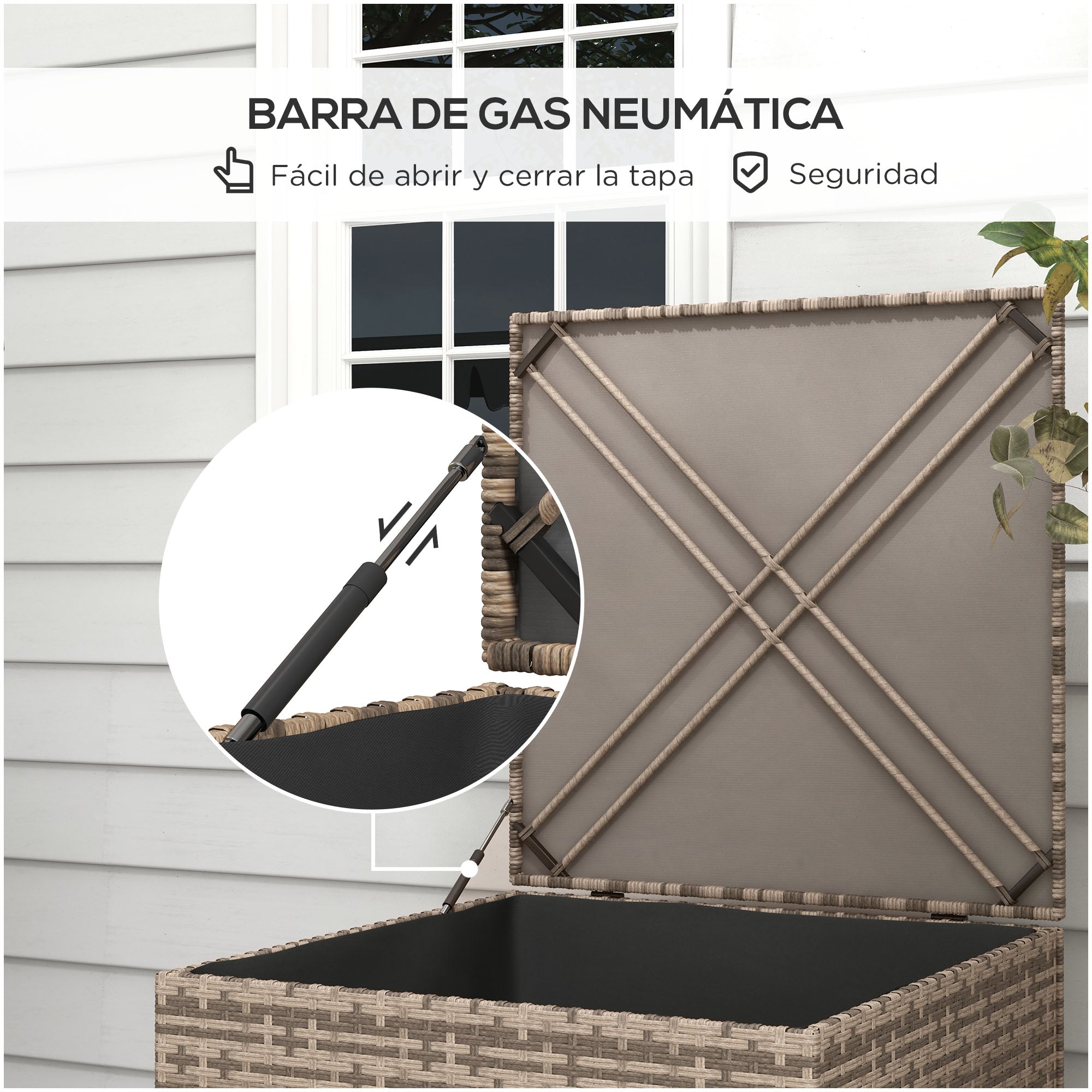 Synthetic Rattan Outdoor Chest 75x75x70 cm Storage Box with Hydraulic Rod and Steel Frame Load 50 kg Khaki