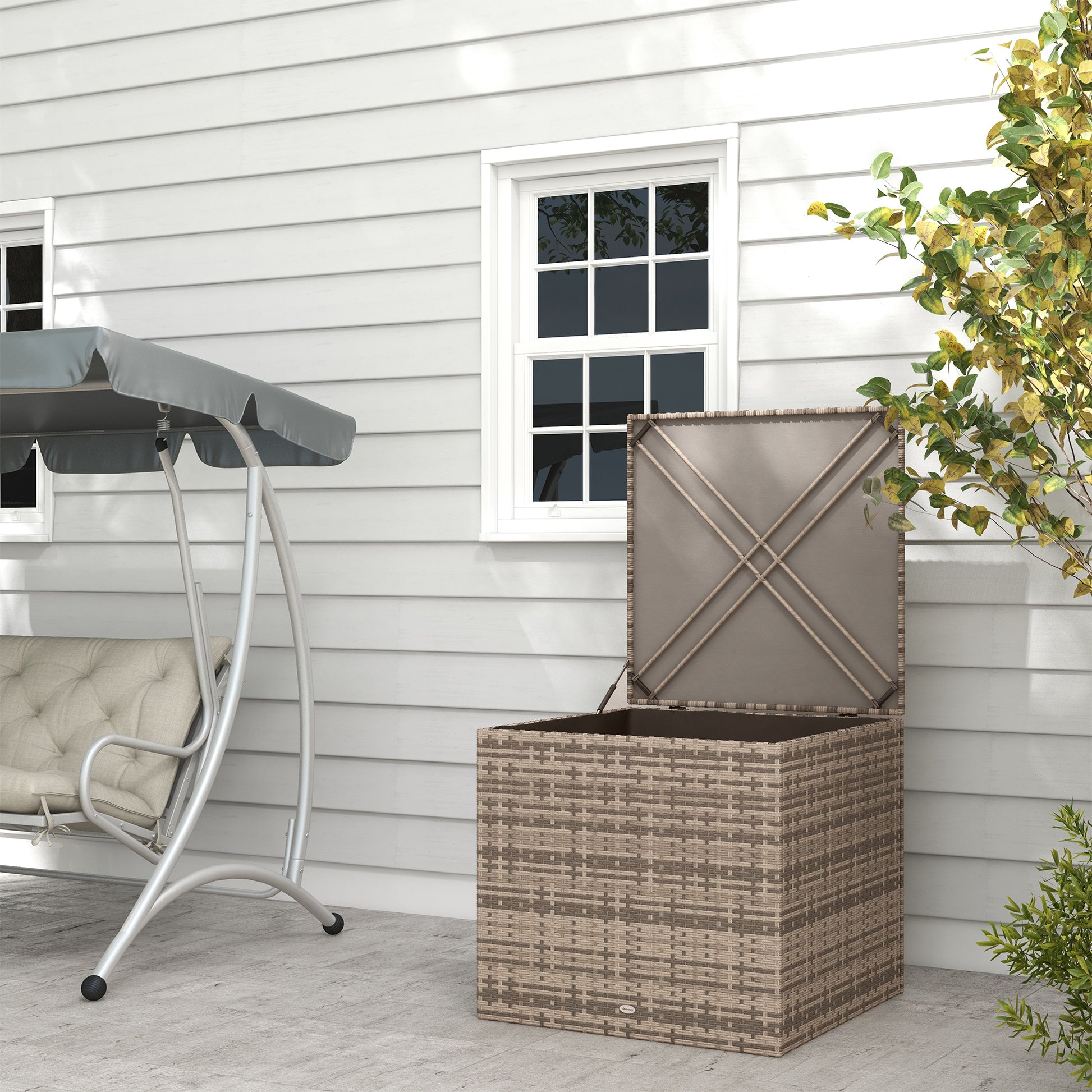 Synthetic Rattan Outdoor Chest 75x75x70 cm Storage Box with Hydraulic Rod and Steel Frame Load 50 kg Khaki