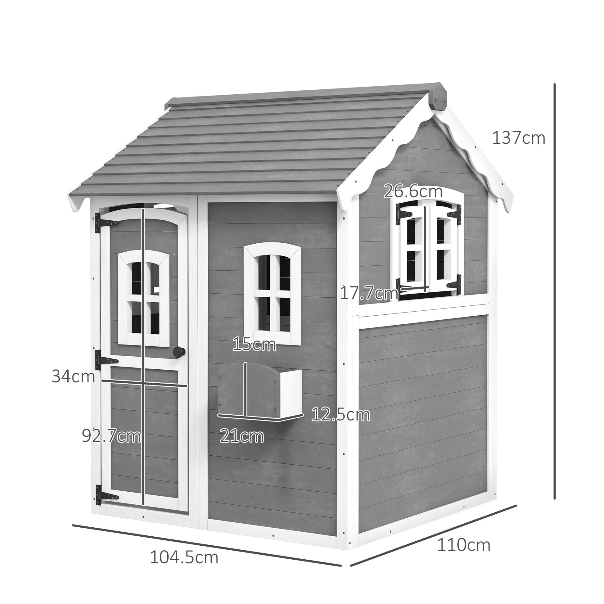 Children's Playhouse for 3-8 Years Old with 6 Windows and Planter Box, Wooden Playhouse, 104.5x110x137 cm, Grey
