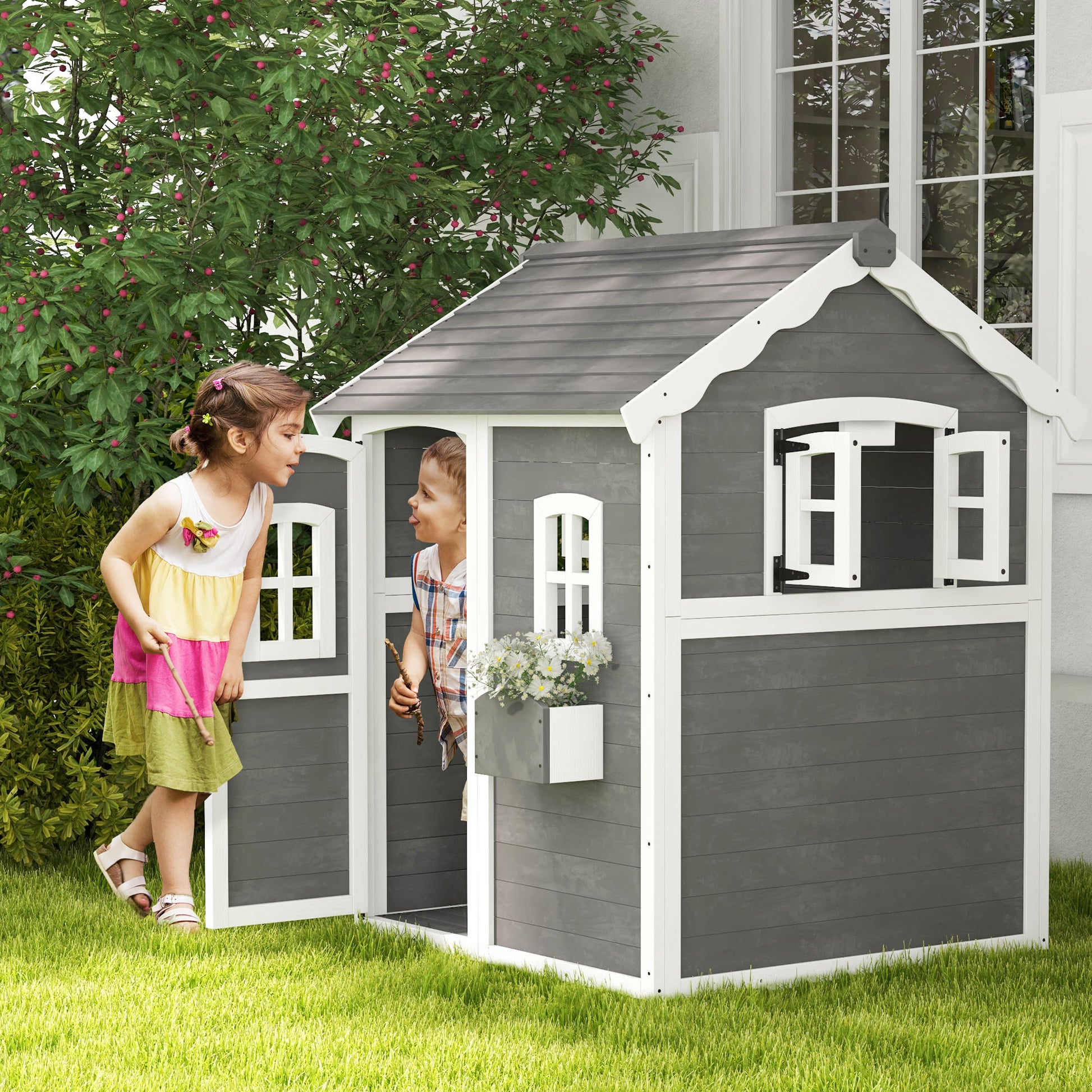 Children's Playhouse for 3-8 Years Old with 6 Windows and Planter Box, Wooden Playhouse, 104.5x110x137 cm, Grey