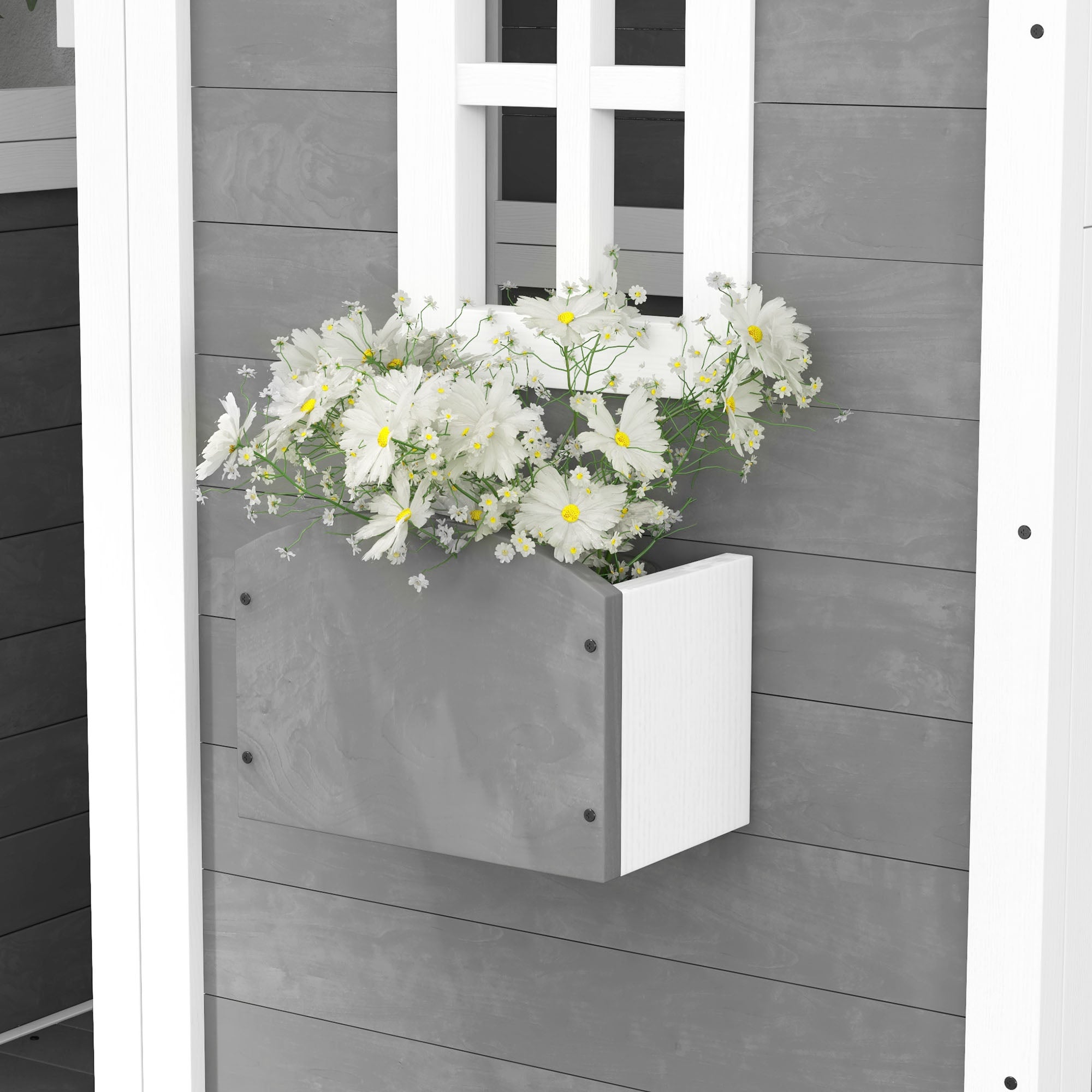 Children's Playhouse for 3-8 Years Old with 6 Windows and Planter Box, Wooden Playhouse, 104.5x110x137 cm, Grey