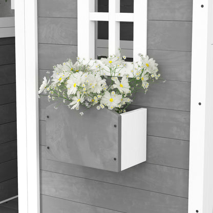 Children's Playhouse for 3-8 Years Old with 6 Windows and Planter Box, Wooden Playhouse, 104.5x110x137 cm, Grey