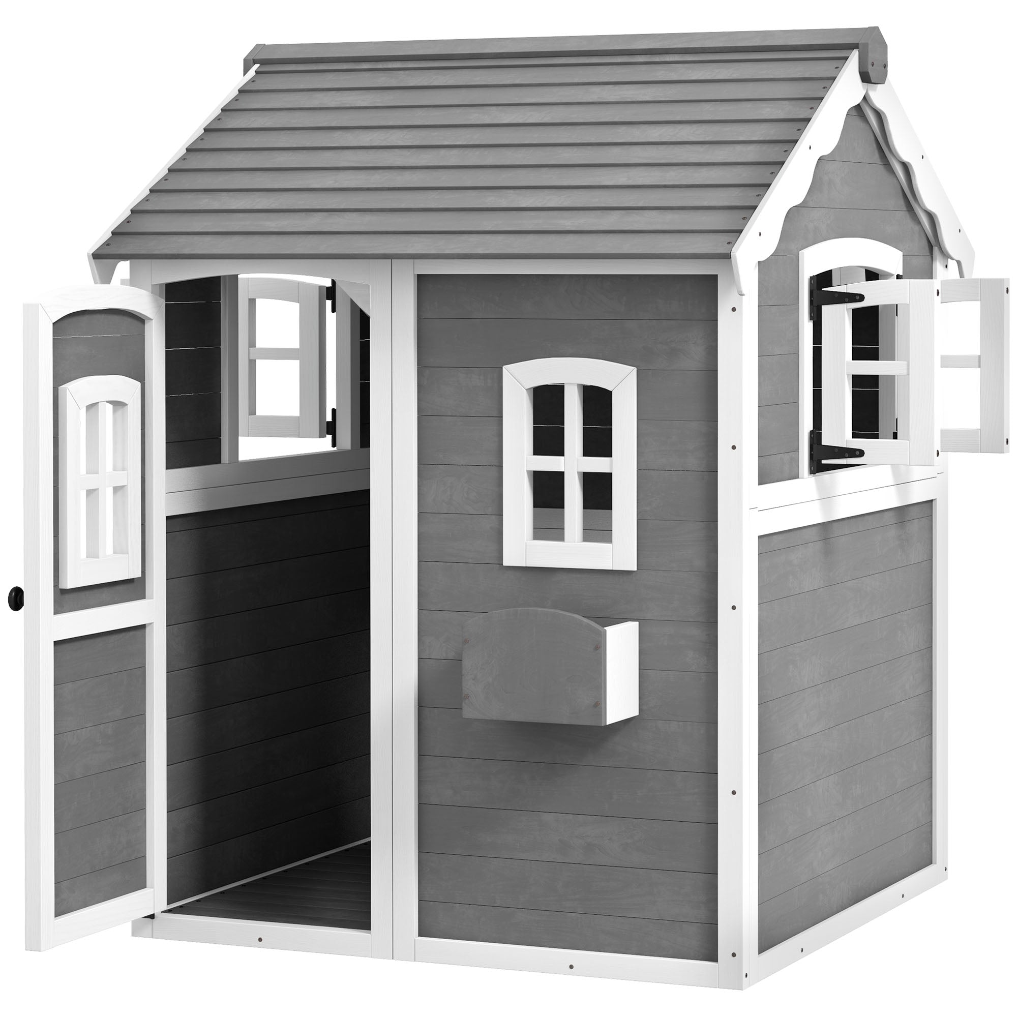 Children's Playhouse for 3-8 Years Old with 6 Windows and Planter Box, Wooden Playhouse, 104.5x110x137 cm, Grey