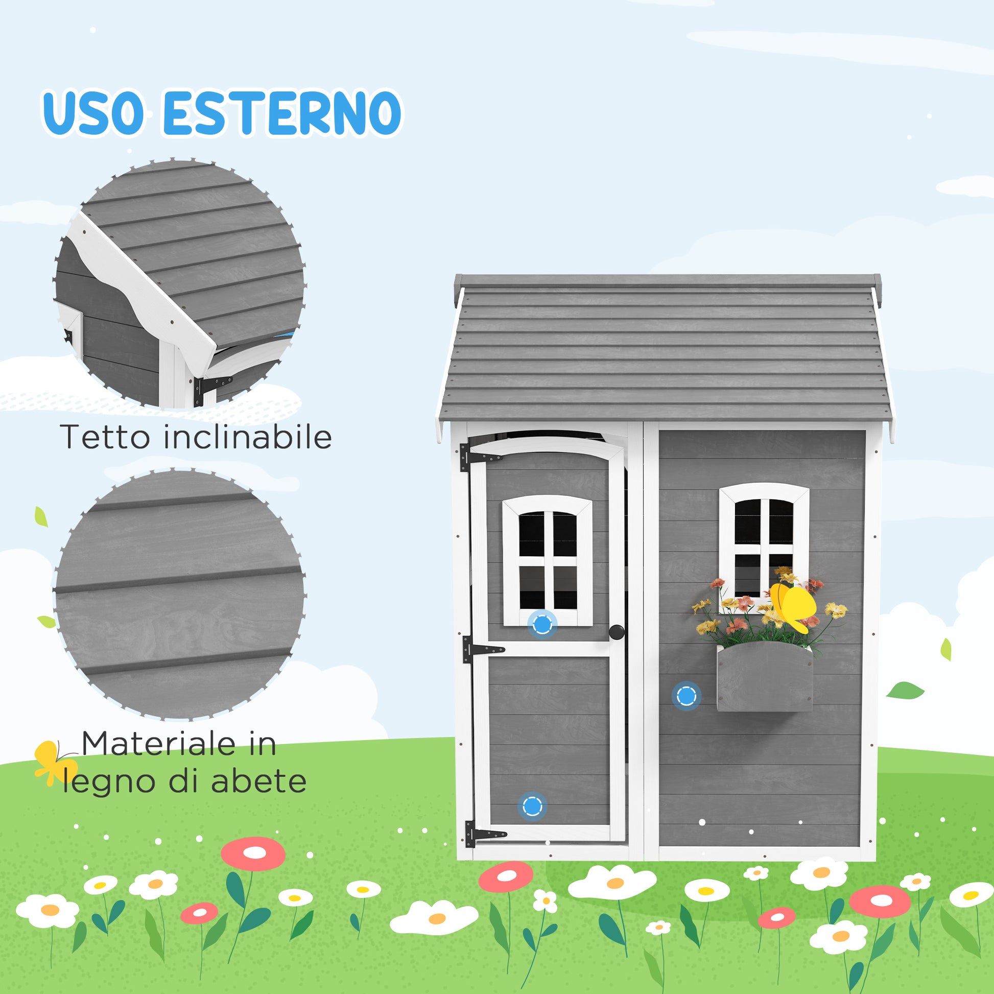Children's Playhouse for 3-8 Years Old with 6 Windows and Planter Box, Wooden Playhouse, 104.5x110x137 cm, Grey