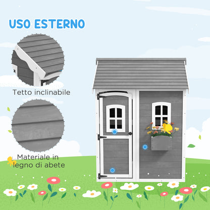 Children's Playhouse for 3-8 Years Old with 6 Windows and Planter Box, Wooden Playhouse, 104.5x110x137 cm, Grey