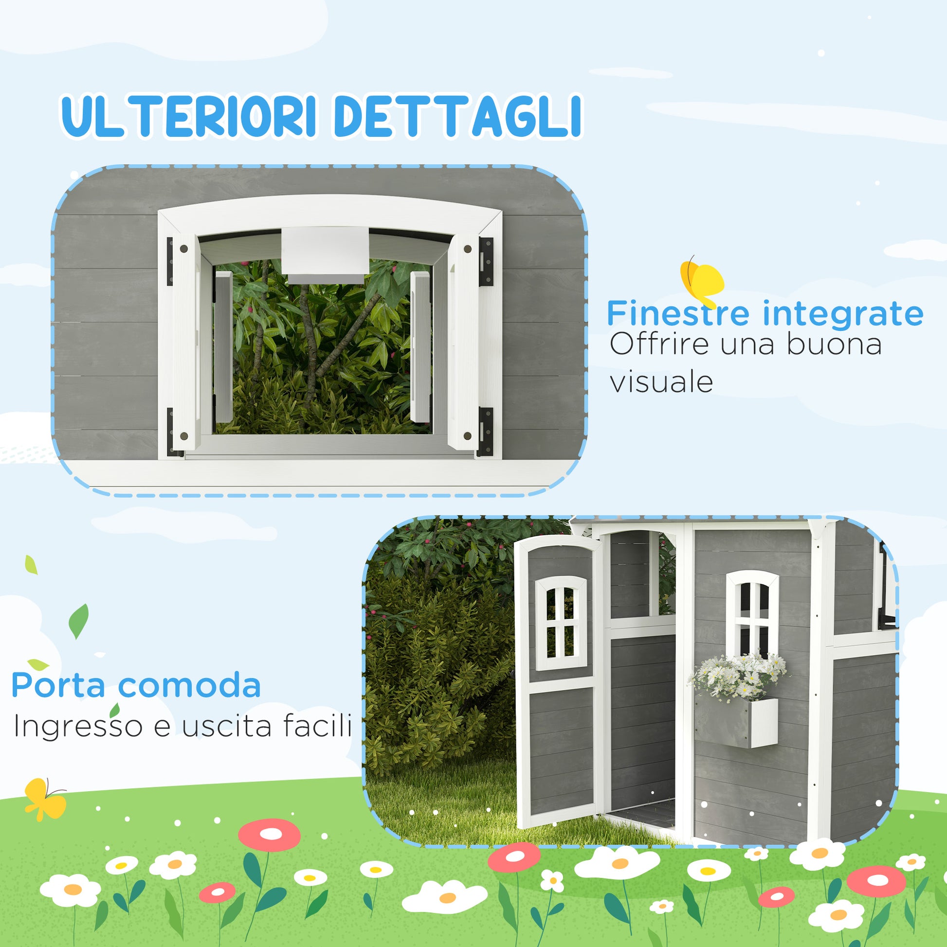 Children's Playhouse for 3-8 Years Old with 6 Windows and Planter Box, Wooden Playhouse, 104.5x110x137 cm, Grey