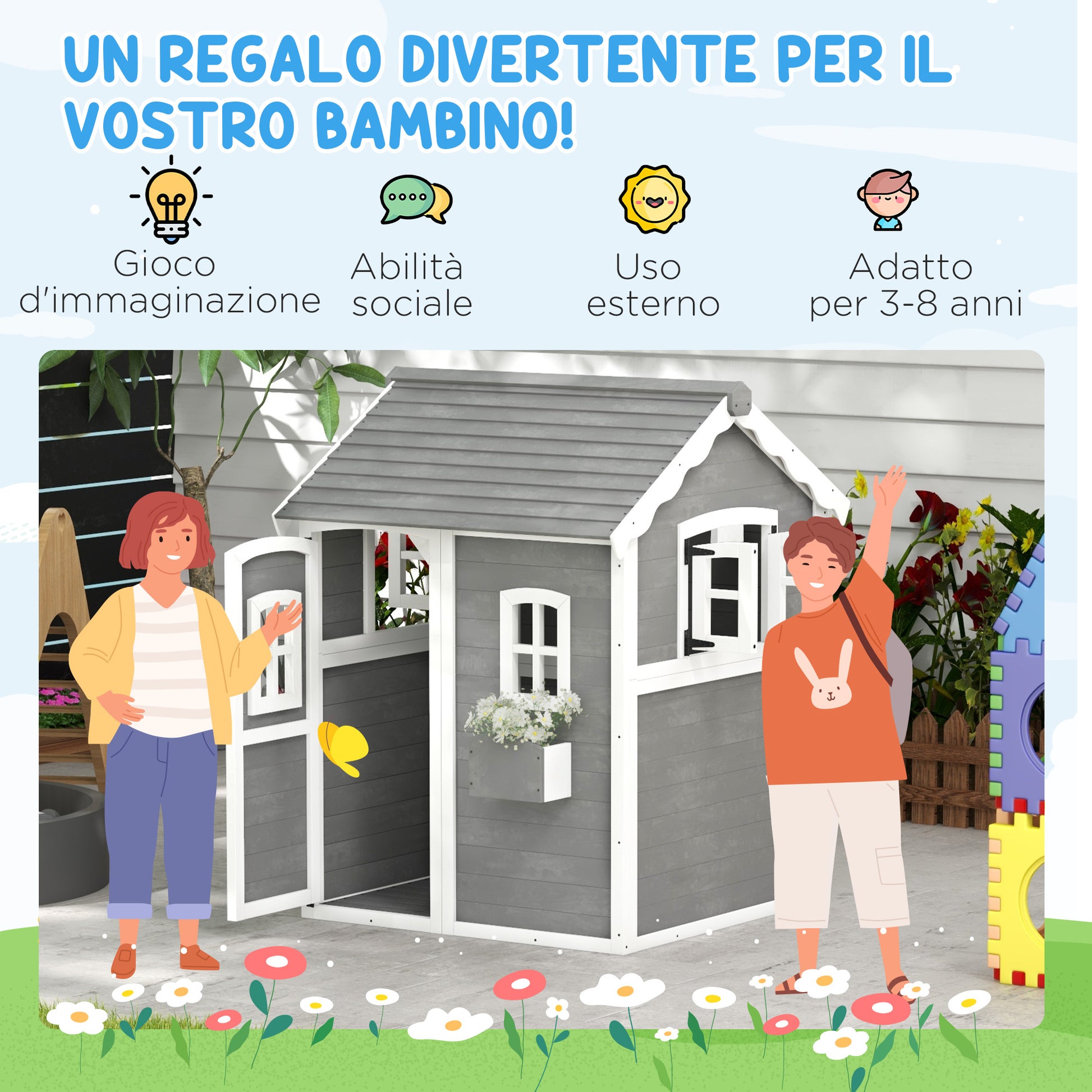 Children's Playhouse for 3-8 Years Old with 6 Windows and Planter Box, Wooden Playhouse, 104.5x110x137 cm, Grey