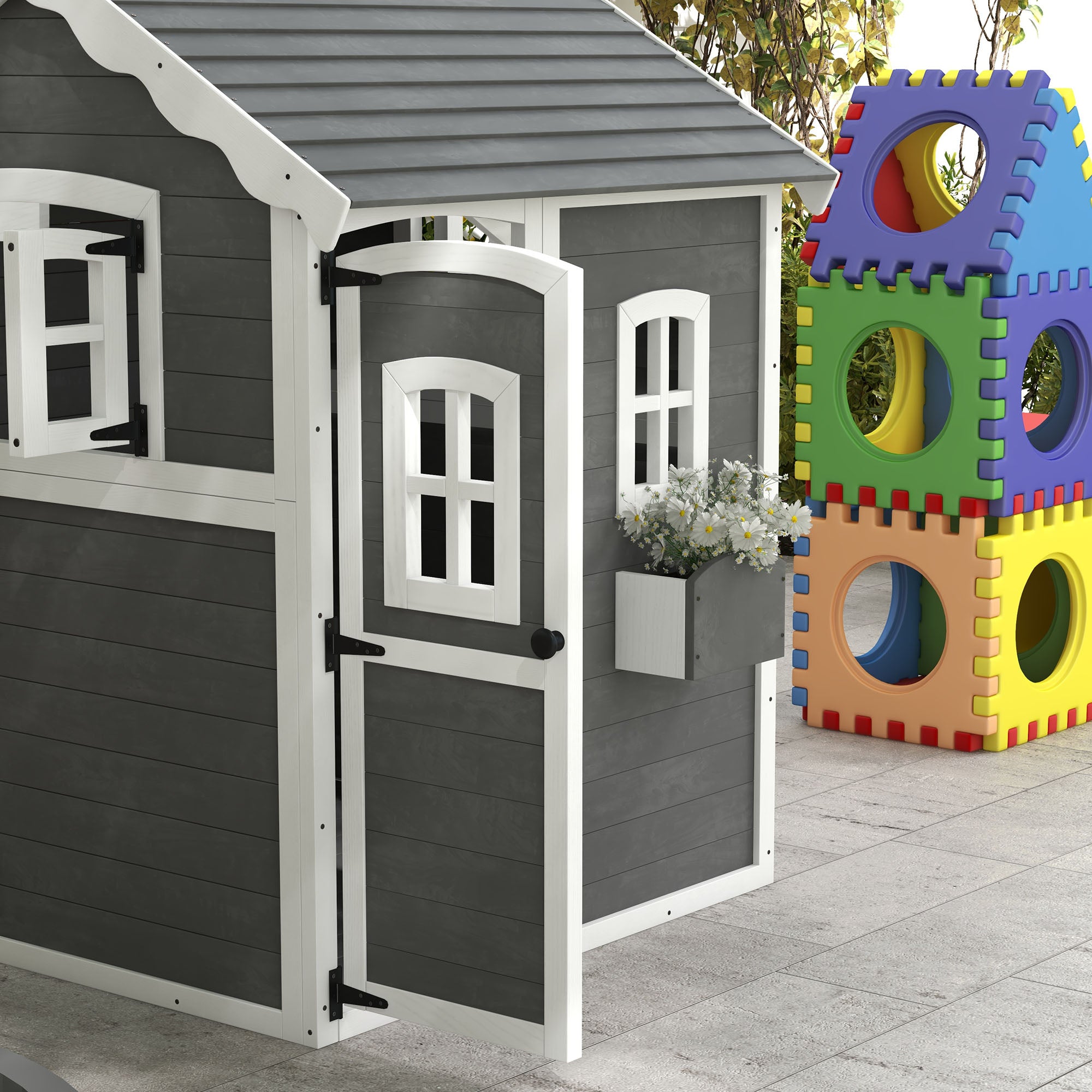 Children's Playhouse for 3-8 Years Old with 6 Windows and Planter Box, Wooden Playhouse, 104.5x110x137 cm, Grey