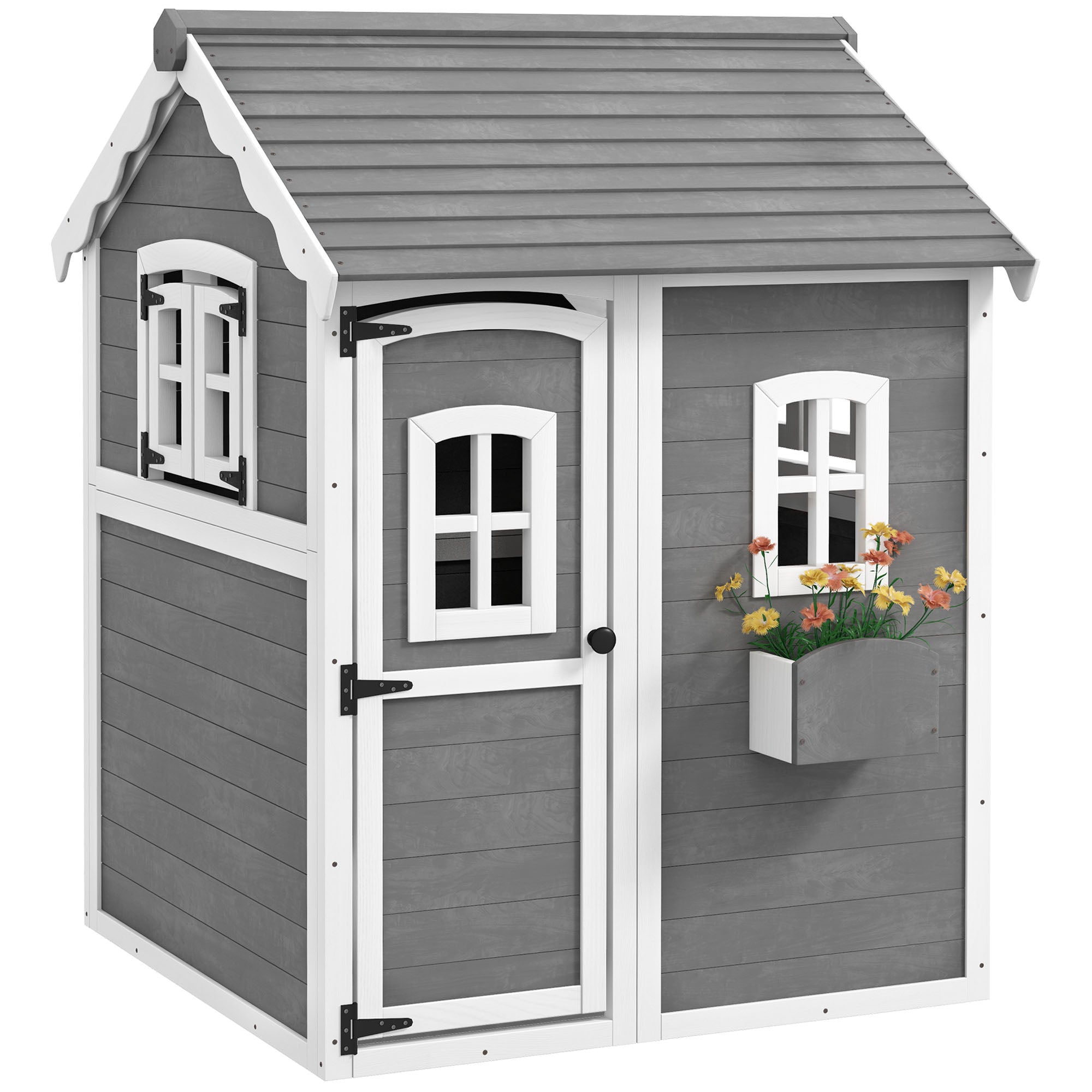Children's Playhouse for 3-8 Years Old with 6 Windows and Planter Box, Wooden Playhouse, 104.5x110x137 cm, Grey