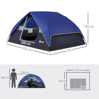 2-4 Person Camping Tent, Waterproof Family Dome Tent, with Window, 2 Pockets, Power Port, Carry Bag for Picnic, Hiking, Trekking, Camping, Dark Blue