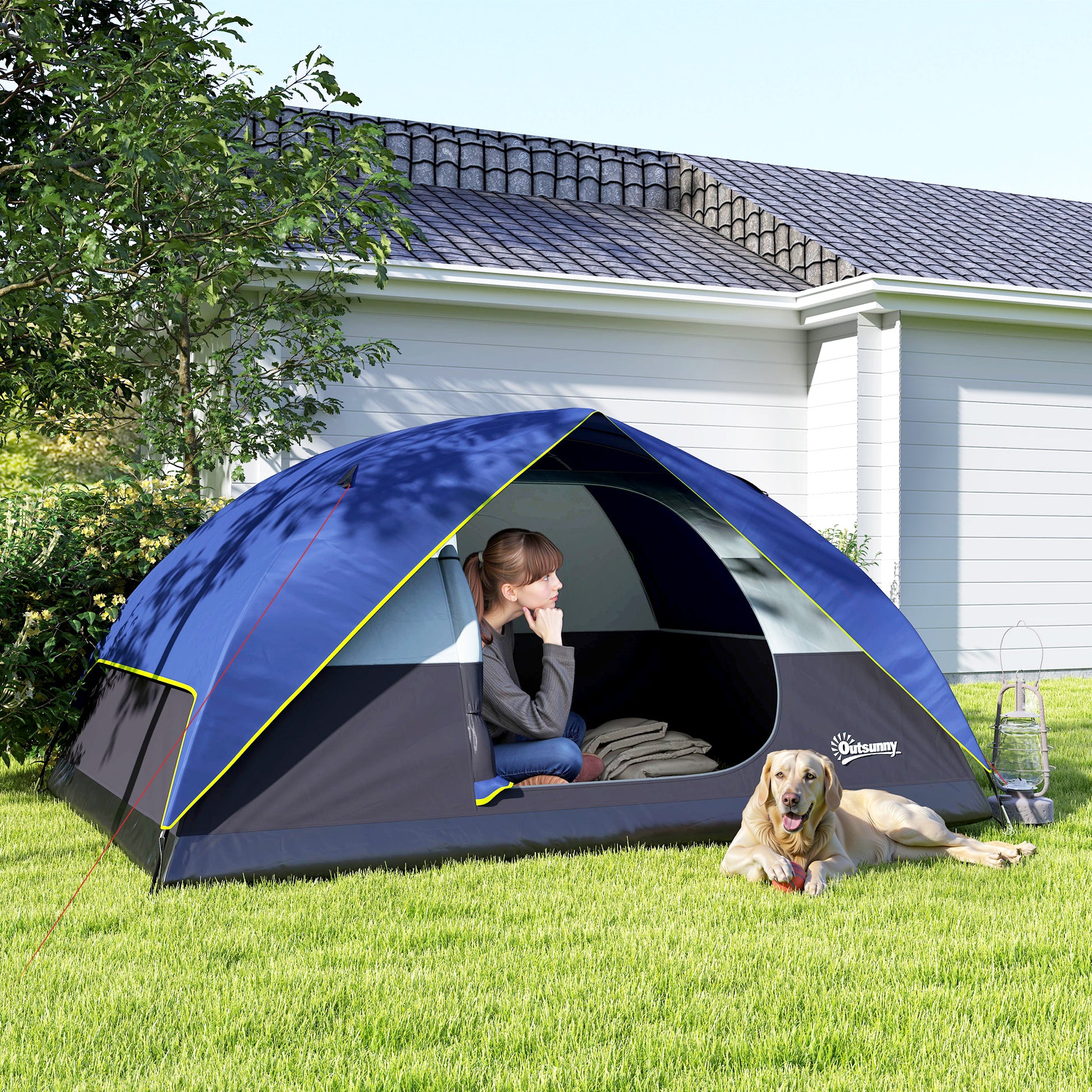 2-4 Person Camping Tent, Waterproof Family Dome Tent, with Window, 2 Pockets, Power Port, Carry Bag for Picnic, Hiking, Trekking, Camping, Dark Blue
