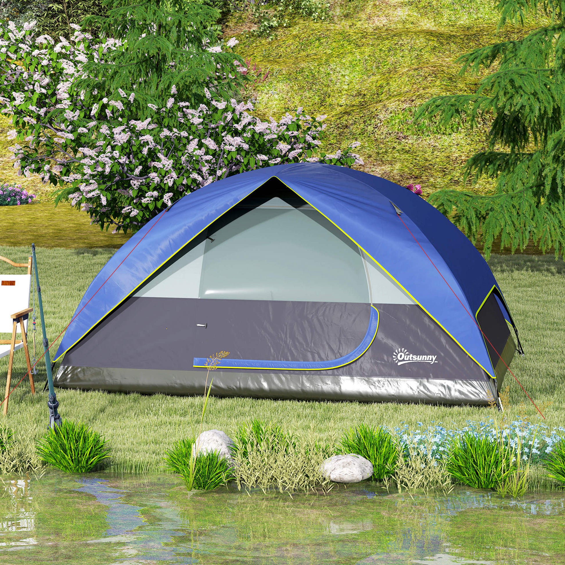 2-4 Person Camping Tent, Waterproof Family Dome Tent, with Window, 2 Pockets, Power Port, Carry Bag for Picnic, Hiking, Trekking, Camping, Dark Blue