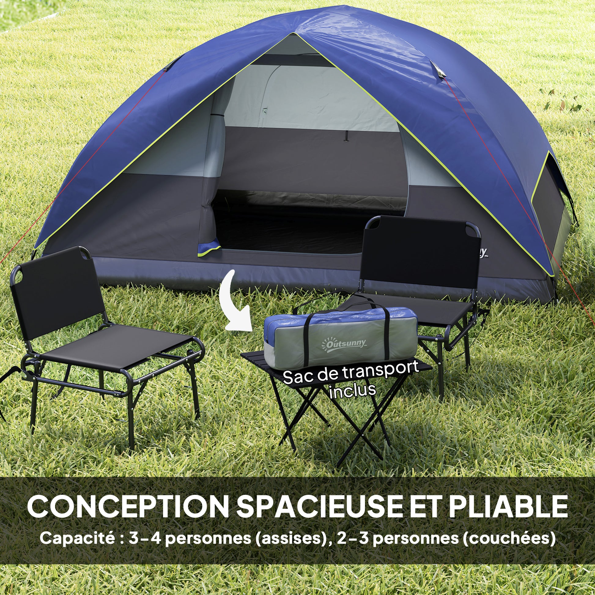 2-4 Person Camping Tent, Waterproof Family Dome Tent, with Window, 2 Pockets, Power Port, Carry Bag for Picnic, Hiking, Trekking, Camping, Dark Blue