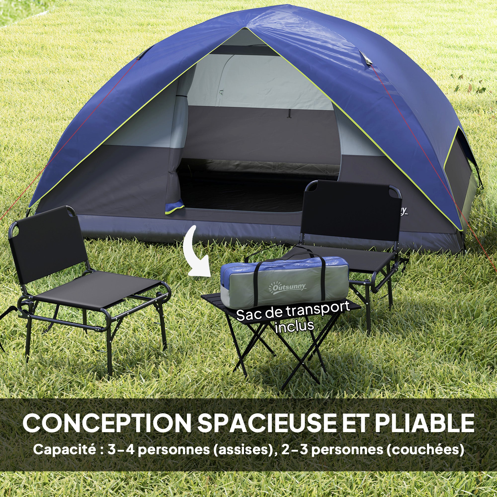 2-4 Person Camping Tent, Waterproof Family Dome Tent, with Window, 2 Pockets, Power Port, Carry Bag for Picnic, Hiking, Trekking, Camping, Dark Blue