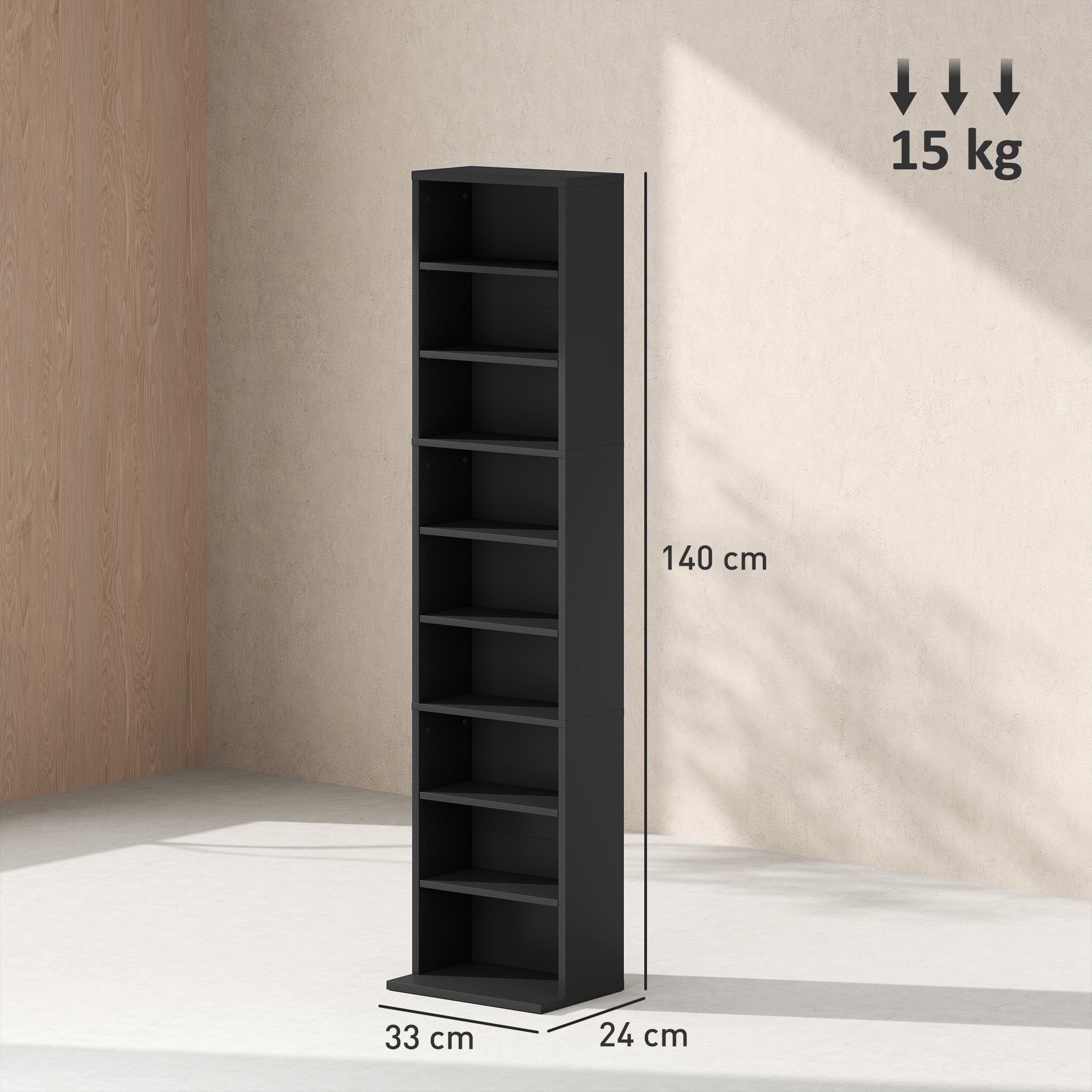 9-Shelf Bookcase for 260 CDs with Modern Design, Chipboard CD Rack, 33x24x140 cm, in Black