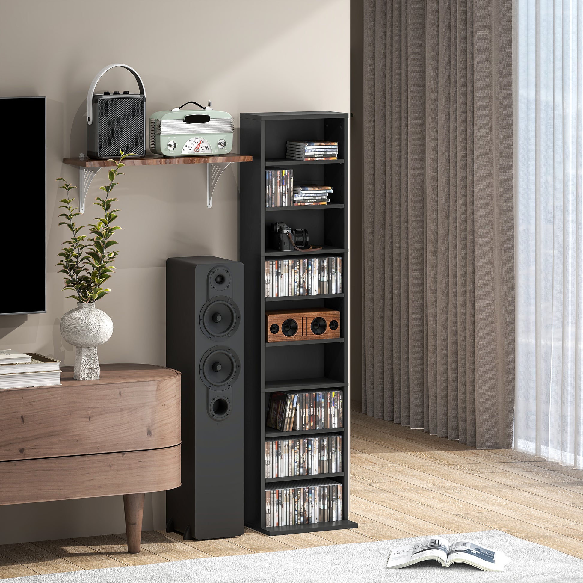 9-Shelf Bookcase for 260 CDs with Modern Design, Chipboard CD Rack, 33x24x140 cm, in Black