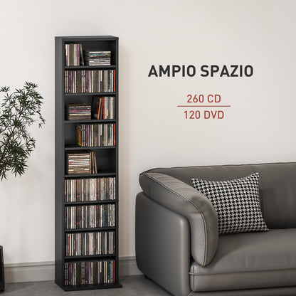 9-Shelf Bookcase for 260 CDs with Modern Design, Chipboard CD Rack, 33x24x140 cm, in Black