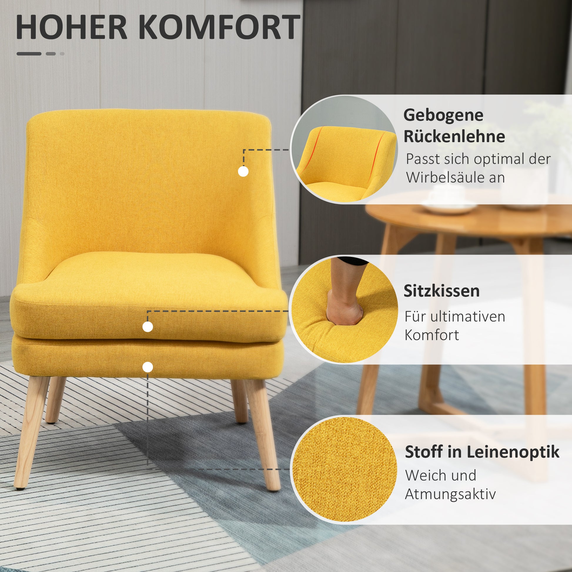 Chair Lounge Chair with Linen Look, Armrest, Upholstered Recliner with Wooden Legs, for Living Room, Bedroom, Yellow