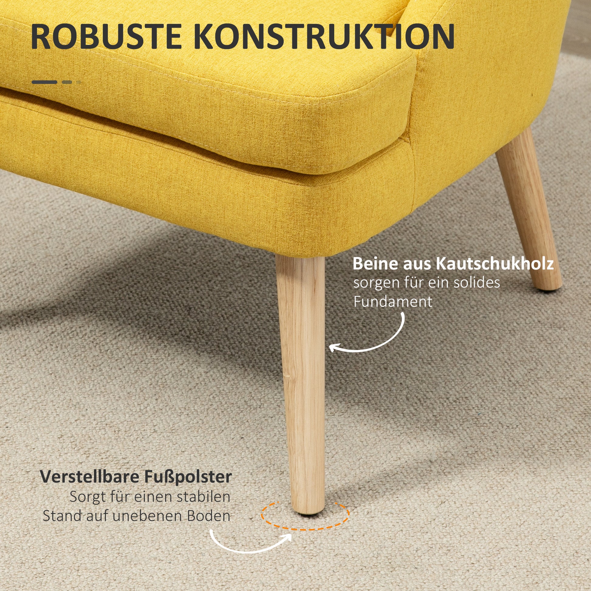 Chair Lounge Chair with Linen Look, Armrest, Upholstered Recliner with Wooden Legs, for Living Room, Bedroom, Yellow
